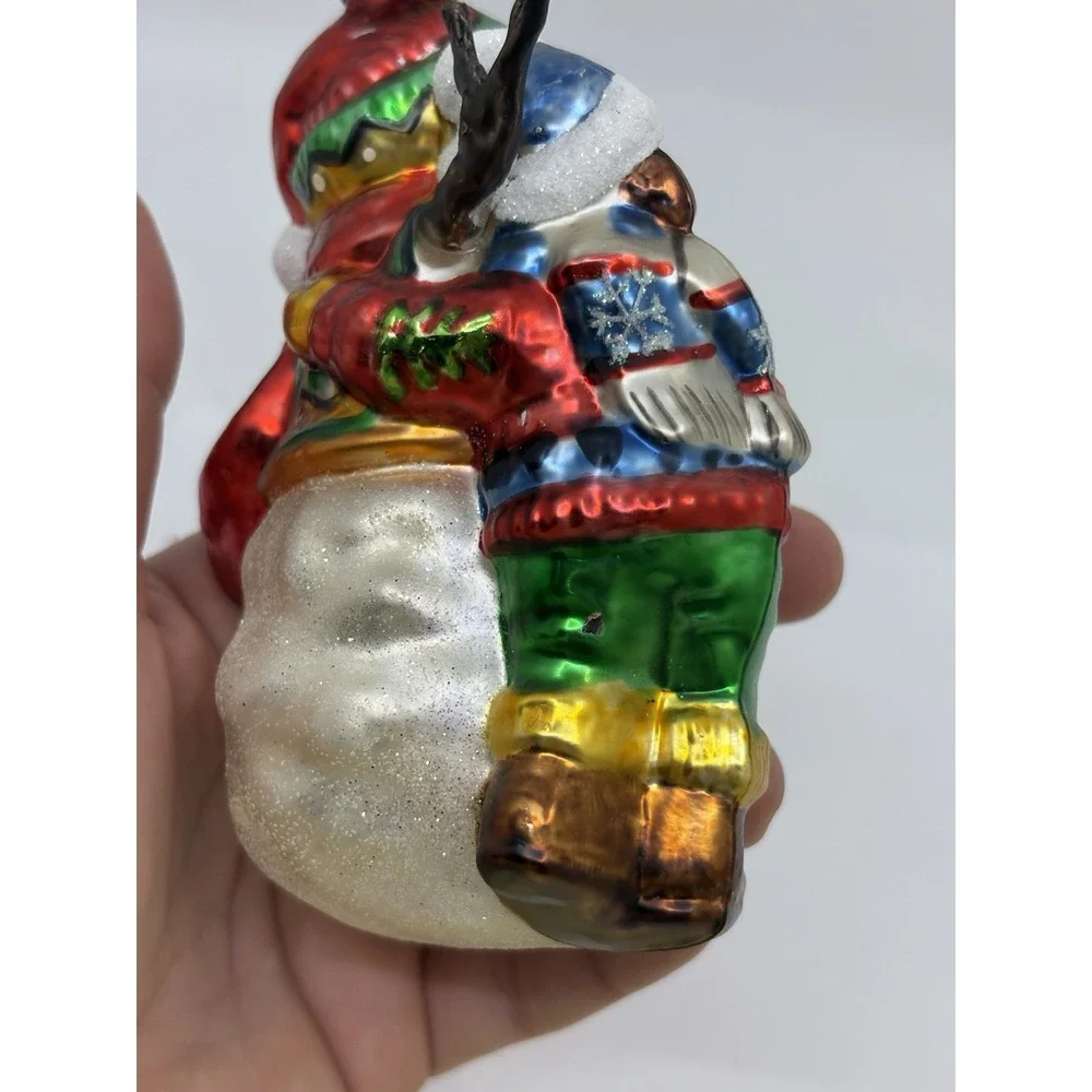 Lg Snowman with Child Christmas Ornament   Hand Painted Blown Glass